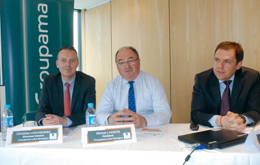 De gauche à droite : Christian Cochennec, directeur général Groupama Loire Bretagne ; Michel L’Hostis, président ; Pascal Ouvrard, directeur financier. - Illustration Le marché agricole constitue L’ADN de Groupama
