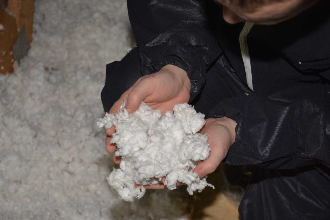 L'aspect « neige » de la laine de verre soufflée dans les combles. - Illustration De la laine de verre soufflée, à plat dans les combles de la porcherie