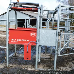 Sur la porte de pâturage, trois sorties sont possibles : un retour vers le bâtiment si la vache n’est pas traite, un accès aux parcelles de jour et un accès aux parcelles de nuit. Deux portes anti-retour bloquent les vaches revenant des parcelles pour les orienter vers la traite.