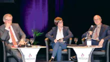 Guillaume Roué, président de Prestor, Béatrice Le Gall, PDG des établissements Rolland et Christophe Bonno, directeur d'Agromousquetaires (Intermarché), participaient à un débat sur la compétitivité des entreprises vendredi dernier à Carhaix.