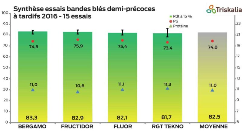 En blés demi-précoces à tardifs, Bergamo, après 2 années mitigées, prend la tête de ce classement. Fructidor, variété à haut potentiel, bon profil maladie et bon PS, se classe 2e  et confirme ses résultats de 2015. Fluor, toujours bien présente, satisfait en rendement et en PS. RGT Tekno, après deux bonnes campagnes, est très variable dans les résultats cette année.