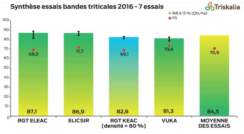 RGT Eleac fait une bonne entrée dans les essais en arrivant en tête du classement en rendement. Elicsir, la référence en tolérance maladies le talonne de près et sort un peu mieux en PS. RGT Keac, nouveauté hybride, semé à 80% de la densité des autogames, montre sa rusticité avec un comportement homogène dans l’ensemble des essais. 