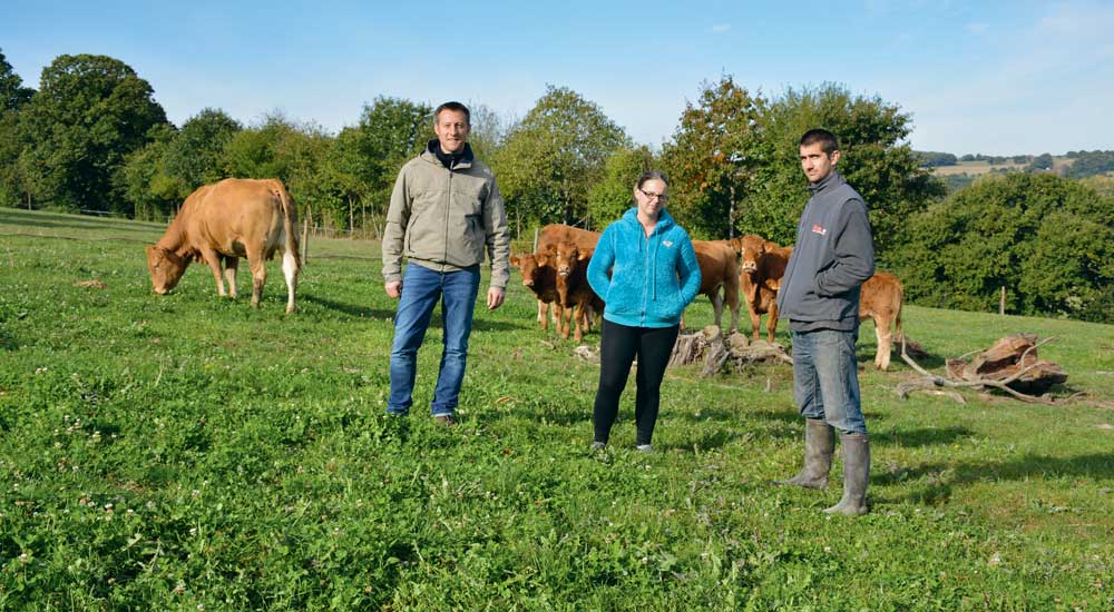 De gauche à droite : Frédéric Chapon, Sonia Prieur et Jean-Michel Prieur. - Illustration L’autonomie prime sur le troupeau allaitant bio