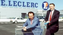 Edouard Leclerc et son fils, Michel-Edouard, en 1993, à l'occasion de l'inauguration d'un nouveau magasin à Blagnac, dans la périphérie de Bordeaux. (Bordas/SIPA)