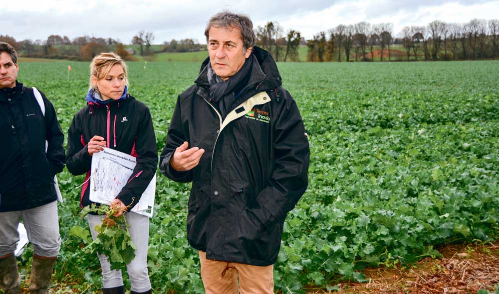 Gilles Sauzet et Florence Ferret ont expliqué les modalités de l’essai de colza associé à différentes légumineuses. - Illustration Se passer de chimie pour lutter contre les géraniums en colza