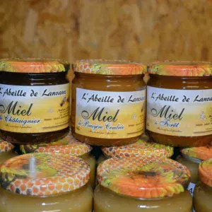 L'apiculteur vend sur les marchés ses 8 références de miel, permises grâce à la transhumance des abeilles, pour rechercher des floraisons d'espèces non disponibles en Bretagne.