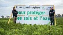 David Bouvier de la Chambre d’agriculture de Dinan et Jérémy Réhel , responsable cultures à la SCEA de la Navette, présentent le panneau de communication placé dans la parcelle d’essais de couverts au bord de la RN 12 à Plénée-Jugon.