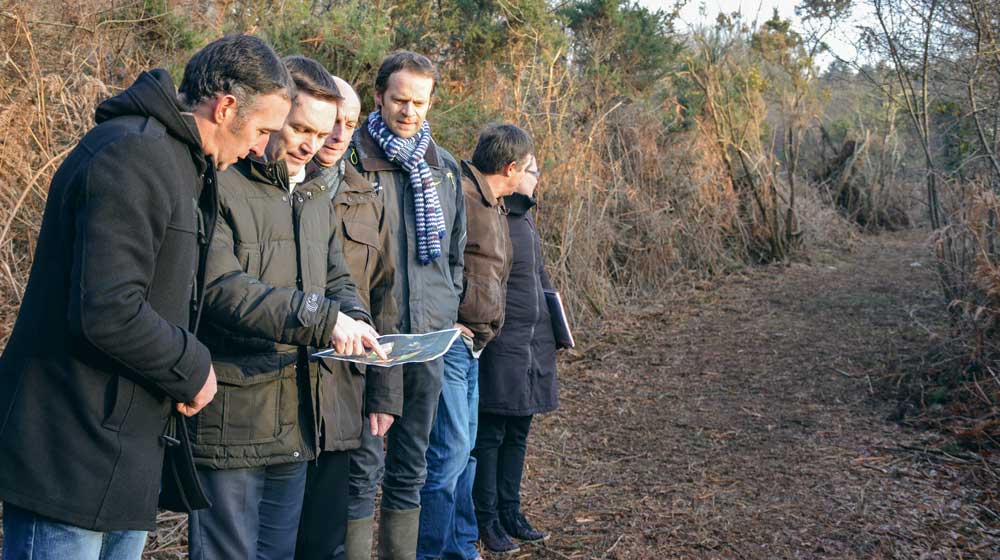 De gauche à Droite : Philippe Le Dressay, agriculteur, David Lappartient, maire de Sarzeau, Rolland Loréal, élu, Pierre-Yves Roussel, Chambre d'agriculture et Jean-Yves Couedel, agriculteur et élu, dans le chemin réhabilité à la Lande du Matz, qui donne accès à 18 hectares de friches. - Illustration La presqu’île de Rhuys s’attaque à ses friches