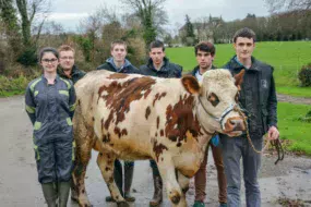 De gauche à droite : Marie Grignoux, élève de BTS production animale, Christian Le Corre, responsable de l’atelier lait du lycée, Louis-Marie Trotel, Erwan Guéguen, Damien Cren et Erwan Le Gall, élèves de BTS.