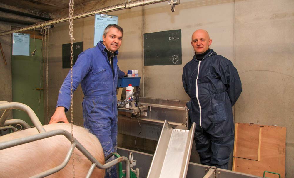 David Desbois, de la Ville Davy, et Michel Rouxel, de Cultivert, sont tous deux convaincus par l'ergonomie du chariot Telip. - Illustration Le chariot de soins aux porcelets Telip, pratique et pédagogique