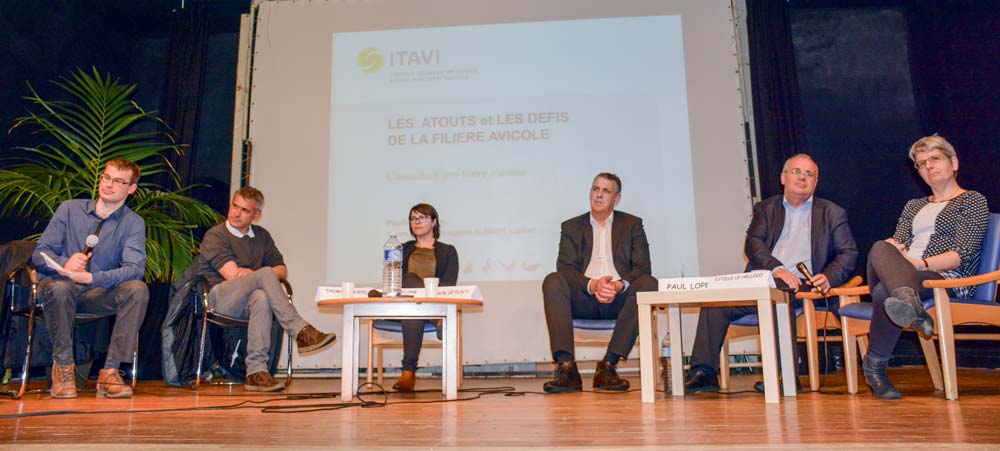 De g. à dr. : Anthony Taoc et Thomas Couëpel, aviculteurs ; Maguelonne Le Quéau, groupe Doux ; Pascal Le Floc’h, directeur amont du groupe Doux ; Paul Lopez, groupe LDC ; Estelle Le Helloco, dirigeante du couvoir Le Helloco, intervenant à la table ronde « L’aviculture une filière d’avenir », le 7 mars à Lopérec (29). - Illustration Une filière avicole en mutation