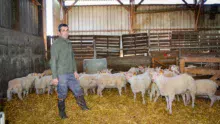 Dominique Maraquin et ses agneaux nés en décembre, destinés au marché de Pâques.