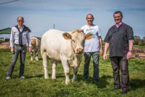 Olivier Le Moign, éleveur charolais à Corlay, et Philippe Gérel, co-président des bouchers des Côtes d’Armor, entourent Michel Grapaillard qui les a accueillis sur son exploitation.