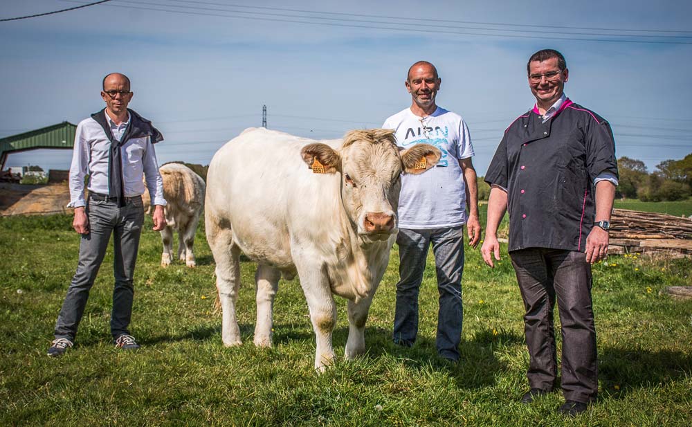 Olivier Le Moign, éleveur charolais à Corlay, et Philippe Gérel, co-président des bouchers des Côtes d’Armor, entourent Michel Grapaillard qui les a accueillis sur son exploitation. - Illustration Aux Terralies, la viande bovine veut faire du bruit
