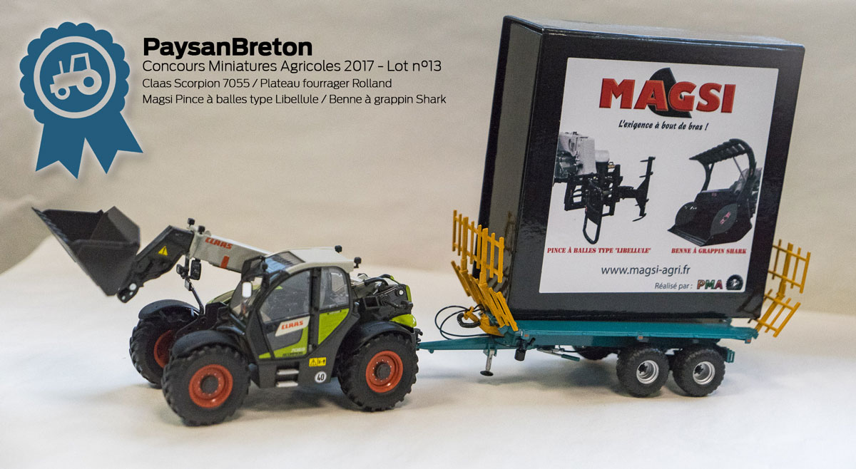 miniatures-agricoles-concours-13 - Illustration Concours miniatures : Claas Scorpion 7055, plateau Rolland BH100 et équipements Magsi