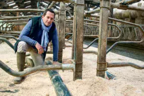 Sébastien Guicheau présente l’arrêtoir en PVC pression dans certaines logettes à Trévarez.