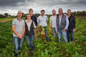 Christian et Cécile Mogis (à gauche), accompagnés de quelques collègues bretilliens qui se sont lancés dans la culture de betterave plantée en mini-motte.