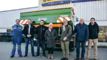 Jean-françois Barre, technicien SAV Blanchard ; Mickaël Joly, commercial Blanchard ; Rodolphe et Yvette Flého, ETA Flého à Ménéac ; Florent Guilleman, directeur général Amazone France ; Pierrick Quéro, directeur Blanchard 22/56 ; Jérôme Le Meur, commercial Amazone en Bretagne.