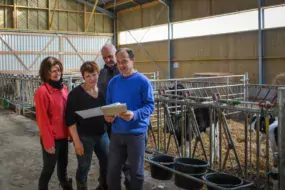 Michèle Gelin, Florian Lecorvaisier et Christine Gelin, du Gaec La Rose des Vents, à Plouvara, avec Pierrick Éouzan, technicien bâtiment à la Chambre d’agriculture de Bretagne et concepteur de l’agrandissement de leur stabulation avec une nouvelle nurserie adjacente au logement des vaches taries et génisses.