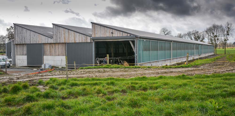 L’entrée d’air est assurée via le long-pan équipé d’un rideau motorisé sur les 100 m de longueur. L’air entre aussi par les pignons. - Illustration Un bâtiment en « toit d’usine » pour les 200 vaches