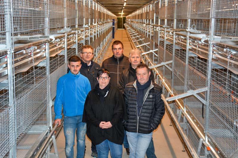 Au premier plan : Florian, Christelle et Bruno Le Parc, aviculteurs à Priziac ; au deuxième plan : Noël Lotout, technicien Sanders Bretagne ; David Charrier, salarié de l’élevage et Patrick Le Magueresse, commercial Sanders Bretagne. - Illustration Les poulettes en volière ont pris la place des pondeuses en cages