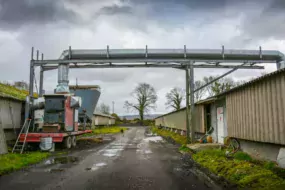 La chaudière à bois de 580 kW est installée sur un plateau à paille et placée au milieu entre les 2 poulaillers.