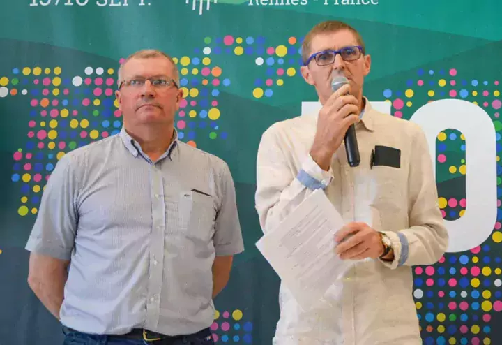 Patrice Le Penhuizic et Patrick Guillerme, co-présidents du Pôle conversion bio Bretagne et respectivement président de la commission bio des Chambres d'agriculture de Bretagne et président de la fédération des agriculteurs bio de Bretagne.