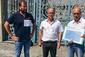De gauche à droite : Florian Salmon (représentant JA Bretagne), Thierry Coué (président du Car « Environnement » et de la FRSEA Bretagne) et Christian Mochet (responsable du dossier « nitrates » à la FRSEA Bretagne).