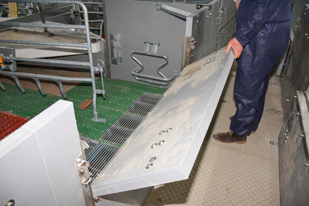À l'arrière de la case, la porte peut s'abaisser à mi-hauteur (quand la truie est bloquée). Au sol, des caillebotis fil ont été installés derrière la truie pour faciliter le passage des déjections. Ailleurs, sol plastique ou fonte antidérapants. - Illustration Cases ascenseurs et liberté à la SCEA Bouetard JF