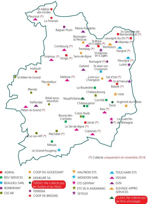 Sites de collecte des films d’ensilage, d’enrubannage, de ficelles et de filets en Ille-et-Vilaine (pour connaître les dates et lieux de collecte de tout autre distributeur, le contacter directement).