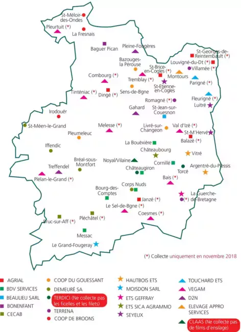 Sites de collecte des films d’ensilage, d’enrubannage, de ficelles et de filets en Ille-et-Vilaine (pour connaître les dates et lieux de collecte de tout autre distributeur, le contacter directement).