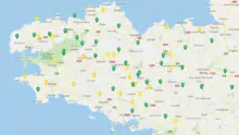 Carte des essais grandes bandes, maïs Triskalia 2018 (en jaune : grain en vert : fourrage).