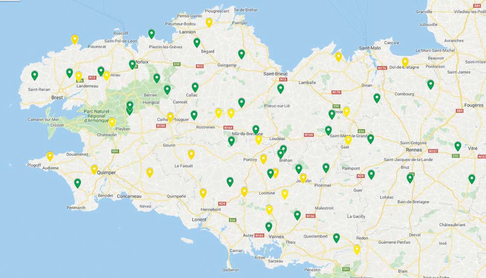 Carte des essais grandes bandes, maïs Triskalia 2018 (en jaune : grain en vert : fourrage). - Illustration 73 plates-formes d’essais maïs pour les variétés de demain