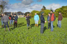 Une quinzaine d'agriculteurs ont visité la parcelle d'essai de David Christien (en rouge), mardi 13 novembre. La visite était organisée par le Gab et par Lorient Agglomération (BV du Scorff).
