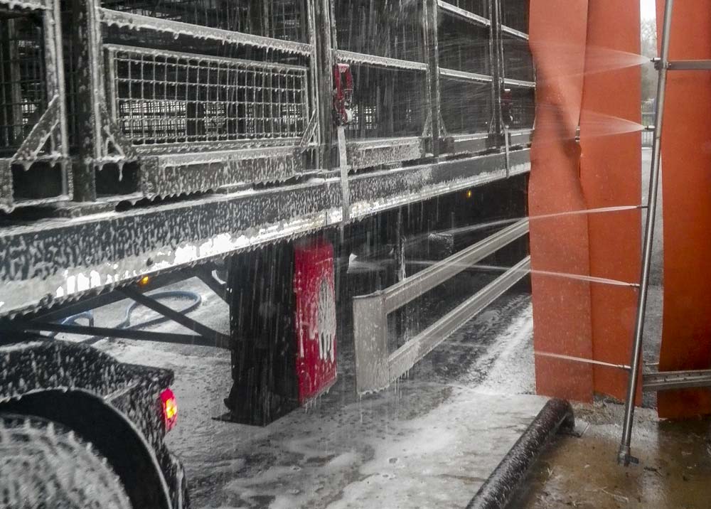 Les abattoirs assument leur rôle dans la diffusion du virus influenza et prennent les mesures nécessaires, à l’instar de cette rampe de désinfection des camions installée sur le site de CADF. - Illustration Influenza aviaire : biosécurité autour des abattoirs