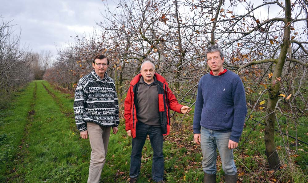 De g. à dr. : Claude Pecheux, (Trédaniel), Dominique Biche (Chambre d’agriculture) et Xavier Doussinault (Plestan). - Illustration Des producteurs de pommes vent debout contre le prosulfocarbe