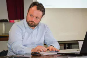 Frédéric Courleux d’Agriculture stratégies, à l’assemblée générale de France Milkboard Grand Ouest, le 13 février à Gosné.