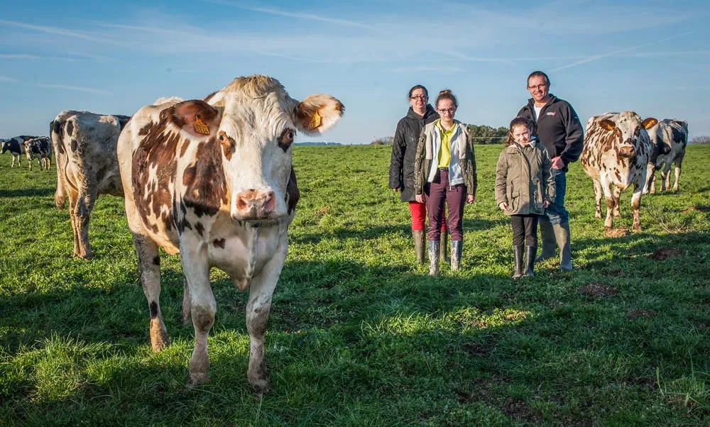 Stéphanie, Mélia, Noëline et Jean-Yves Ogé sont fiers d’emmener Malise à Paris : Elle sera l’une des 7 Bretonnes du concours de la race Normande. - Illustration Normande au Salon de l&rsquo;agriculture : la jeune Malise fait sa valise