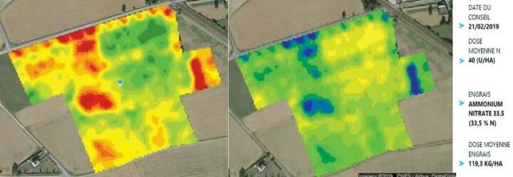 L’indice de végétation (NDVI), à gauche, évalue la vigueur et la qualité de la végétation. Le conseil (à droite), repère les zones demandant plus d’azote (en vert foncé et bleu).