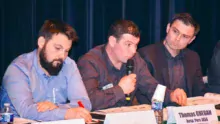 De gauche à droite : José Jaglin, JA national, Thomas Guégan et Kevin Thomazo, JA 56, lors de l'assemblée générale du syndicat la semaine dernière à Grand-Champ.