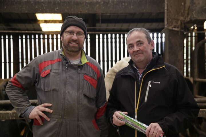 Jean-Marc Le Vourc’h (à gauche) s’est adressé à Pierre Leroy (à droite), conseiller Cultivert, pour installer des matelas dans les logettes de ses vaches laitières.