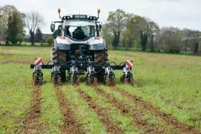 Démonstration de passage du strip-till Sly dans une parcelle de ray-grass, jeudi 16 avril à Trans-la-Forêt (35).