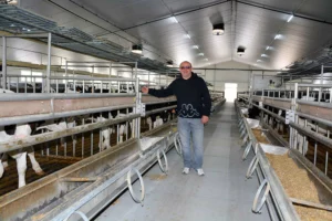 Un éleveur dans son bâtiment pour veaux neuf