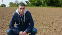 Un producteur de légumes finistérien accroupi dans un champ.