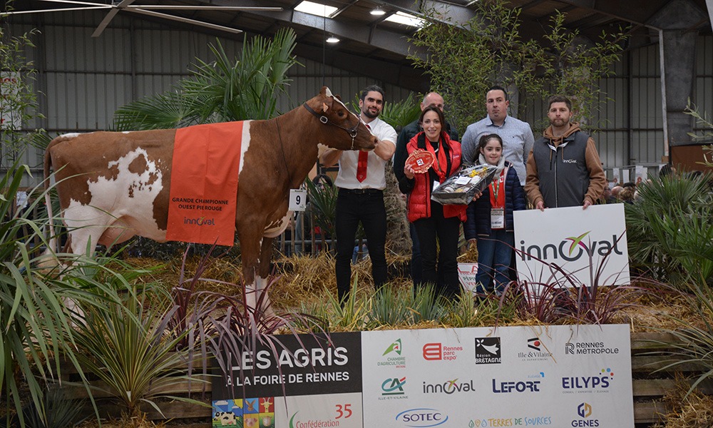 la championne pie rouge sur le podium avec les éleveurs - Illustration Selite P34 se place dans l’élite