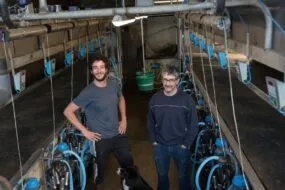 Les éleveurs laitiers Paul et Patrice Hamoniaux dans leur salle de traite.