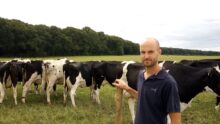 L'éleveur dans une des parcelles de pâturage avec les vaches