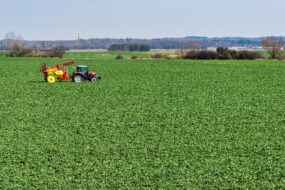 Pulvérisateur dans un champ de colza