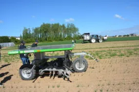 Farmdroid et Ecorobotix dans un champ d'oignon.