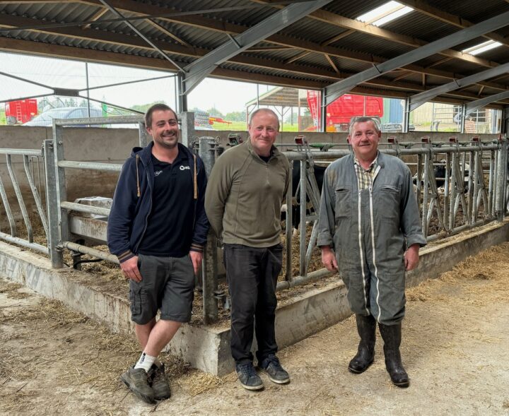 Nicolas, Pierre-Yves et Dominique Le Borgne, producteurs de lait, dans leur bâtiment.